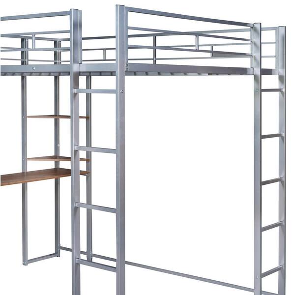 Siavonce Full Size Metal Loft Bed with 2 Shelves and one Desk 