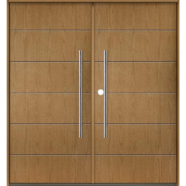 TETON Modern Faux Pivot 72 in. x 80 in. Right-Active/Inswing Bourbon Stain Double Fiberglass Prehung Front Door