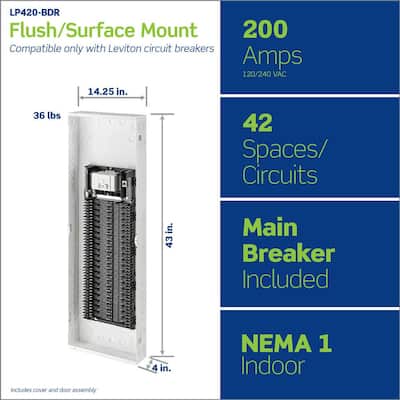 Leviton 200 Amp 42-Space, 42-Circuit Indoor Load Center with Main Circuit Breaker, Door Included LP420-BDR RD0-LP420-BDR