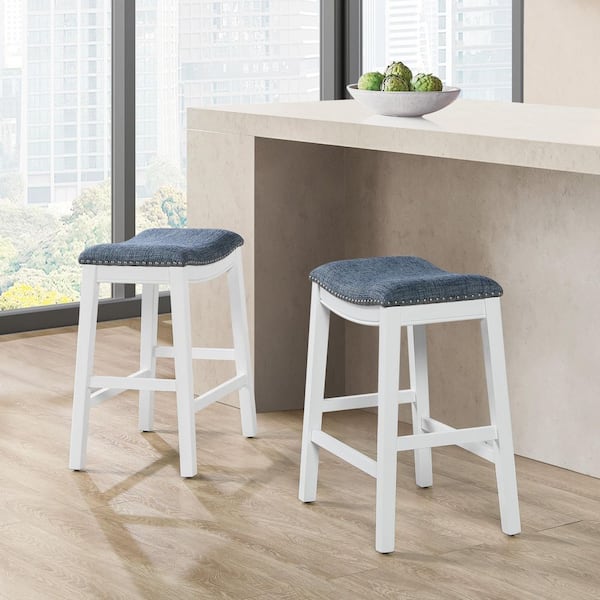 Saddle Stool 24 in. Indigo Fabric with White Wood Finish 2-Pack