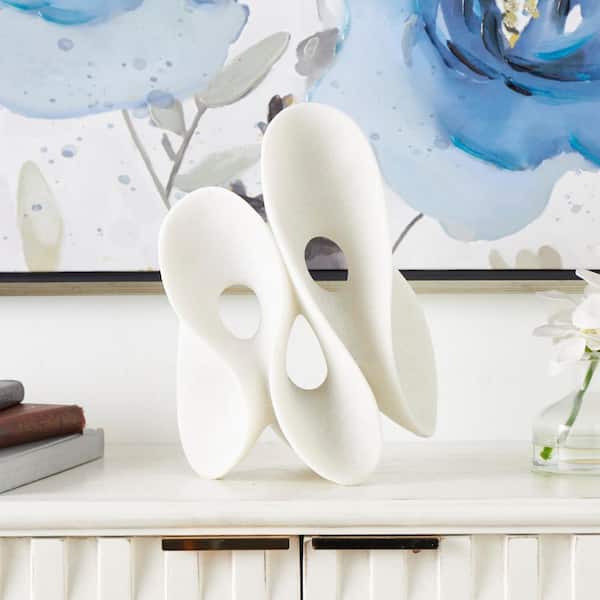 Litton Lane White Polystone Wavy Shaped Abstract Sculpture with Cutouts and Speckled Texturing