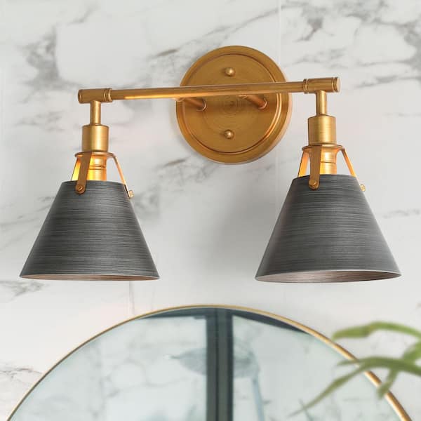 LNC 15.5 in. Brushed Vintage Gold/Gray Bathroom Vanity Light with Bell/Cone Shades 2-Light Modern Living Room Wall Sconce