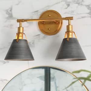 15.5 in. Brushed Vintage Gold/Gray Bathroom Vanity Light with Bell/Cone Shades 2-Light Modern Living Room Wall Sconce