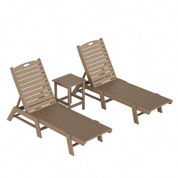 Laguna Weatherwood 3-Piece All Weather Fade Proof HDPE Plastic Outdoor Reclining Chaise Lounge Chairs, Side Table Set