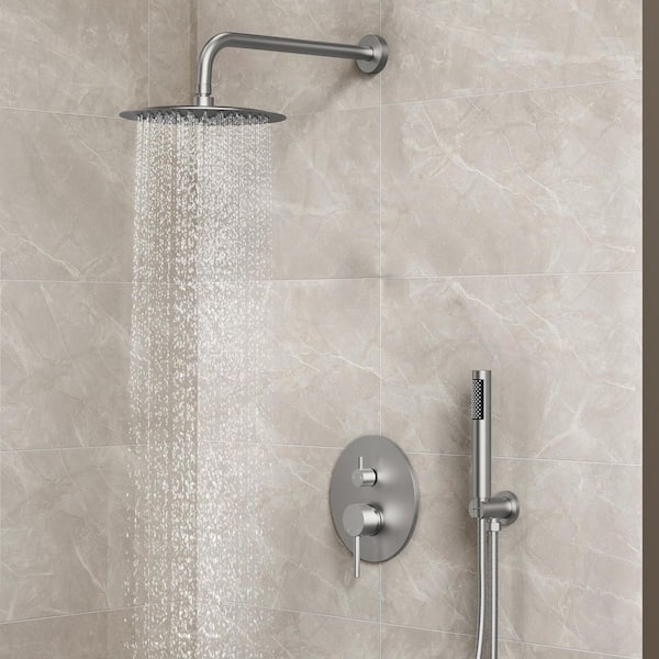 2-Spray Patterns Round 10 in. Wall Mount Dual Shower Heads with Handheld in Brushed Nickel