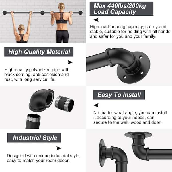 Senmit 13-Foot Wall Mount Handrail For Indoor Stairs – Heavy Duty Industrial Iron Pipe Grab Bar, Non-Slip Metal Railing For Stairs, Porch, Deck, Matte Black Finish