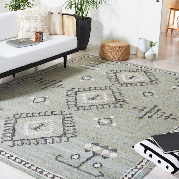 Kilim Blue/Black 9 ft. x 12 ft. Native American Border Area Rug