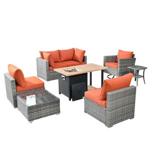 Daffodil Y Gray 8-Piece Wicker Patio Storage Fire Pit Conversation Set with Swivel Rocking Chair and Orange Red Cushions