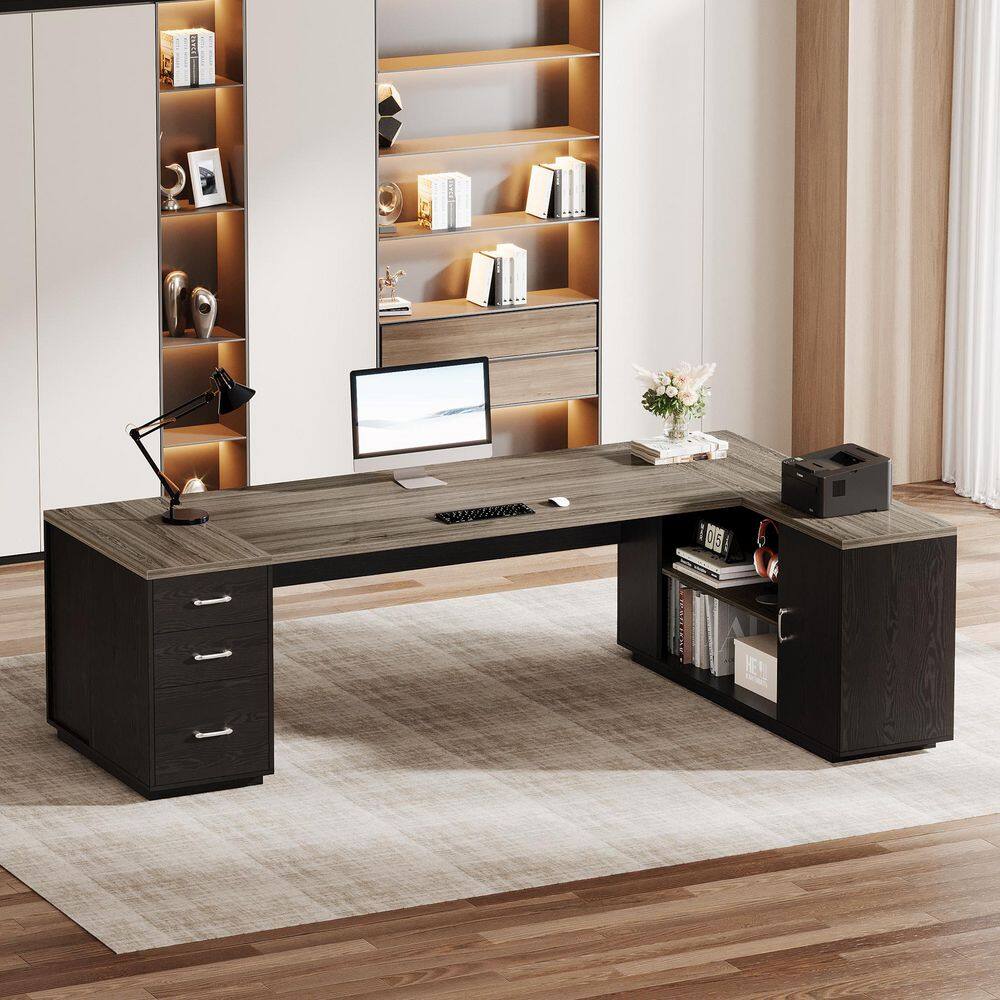 Capen 86 in. Gray & Black Super Spacious L-Shaped Executive Desk, Business Professional Desk with Drawers and Cabinet price history on PriceWatchPro