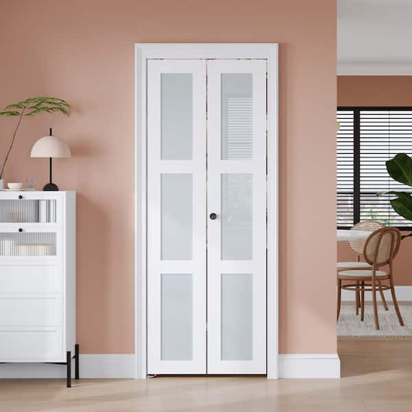 24 in. x 80 in. 3 Lite Tempered Frosted Glass White Finished MDF Solid Core Bi-Fold Door with Hardware Kit