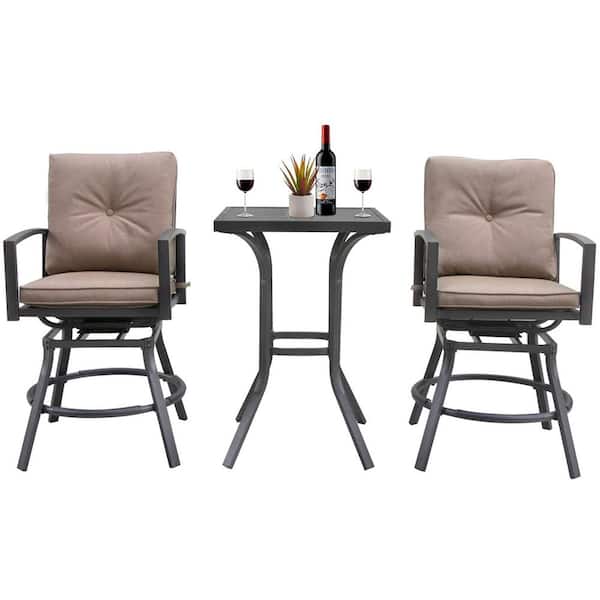 ANGELES HOME Black 3-Piece Metal Outdoor Serving Bar Set with 2 Swivel Bar Stools and Brown Cushion