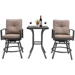 Black 3-Piece Metal Outdoor Serving Bar Set with 2 Swivel Bar Stools and Brown Cushion