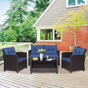 4-Pieces Outdoor Conversation Set Patio PE Rattan Set with Glass Table & Sofa Cushions Navy