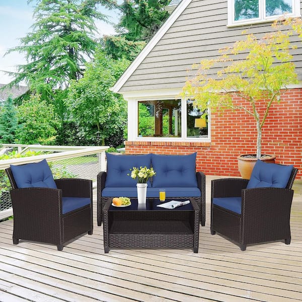 4-Pieces Outdoor Conversation Set Patio PE Rattan Set with Glass Table & Sofa Cushions Navy