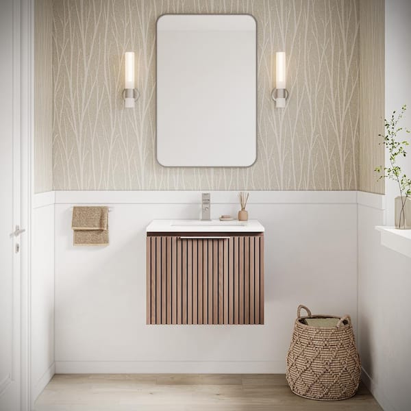 Elliot 24 in. W Single Sink Wall Hung Bath Vanity in Vanilla Oak with White Quartz Top and Sink Unassembled