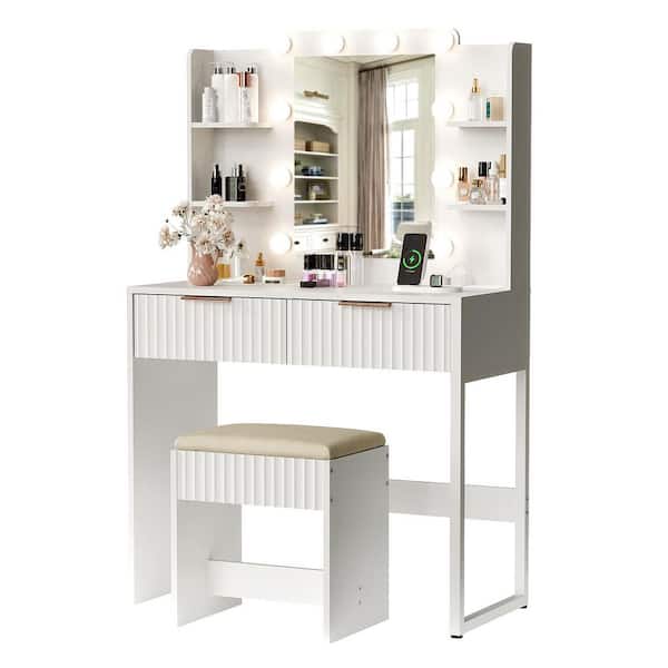 2-piece White Makeup Vanity Set with 10 Three-color Dimmable Bulbs, 2 Drawers and 4-tier Shelves