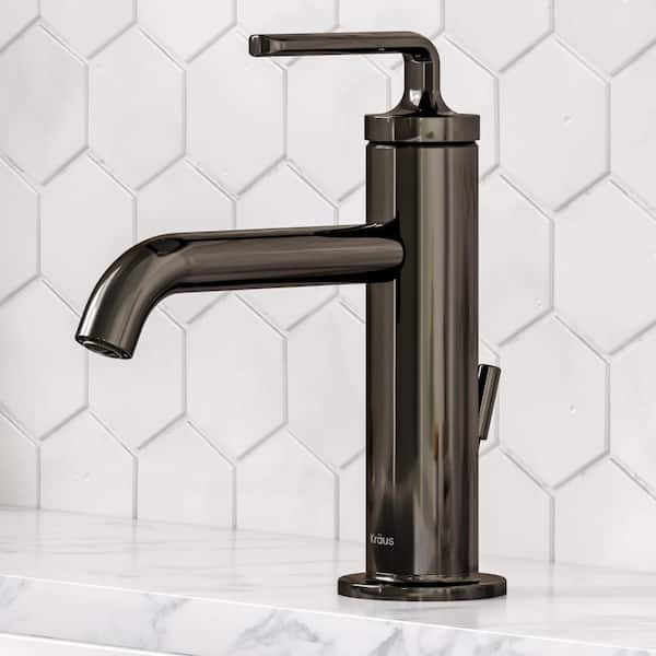 KRAUS Ramus Single Hole Single-Handle Bathroom Faucet with Matching Lift Rod Drain in Gunmetal