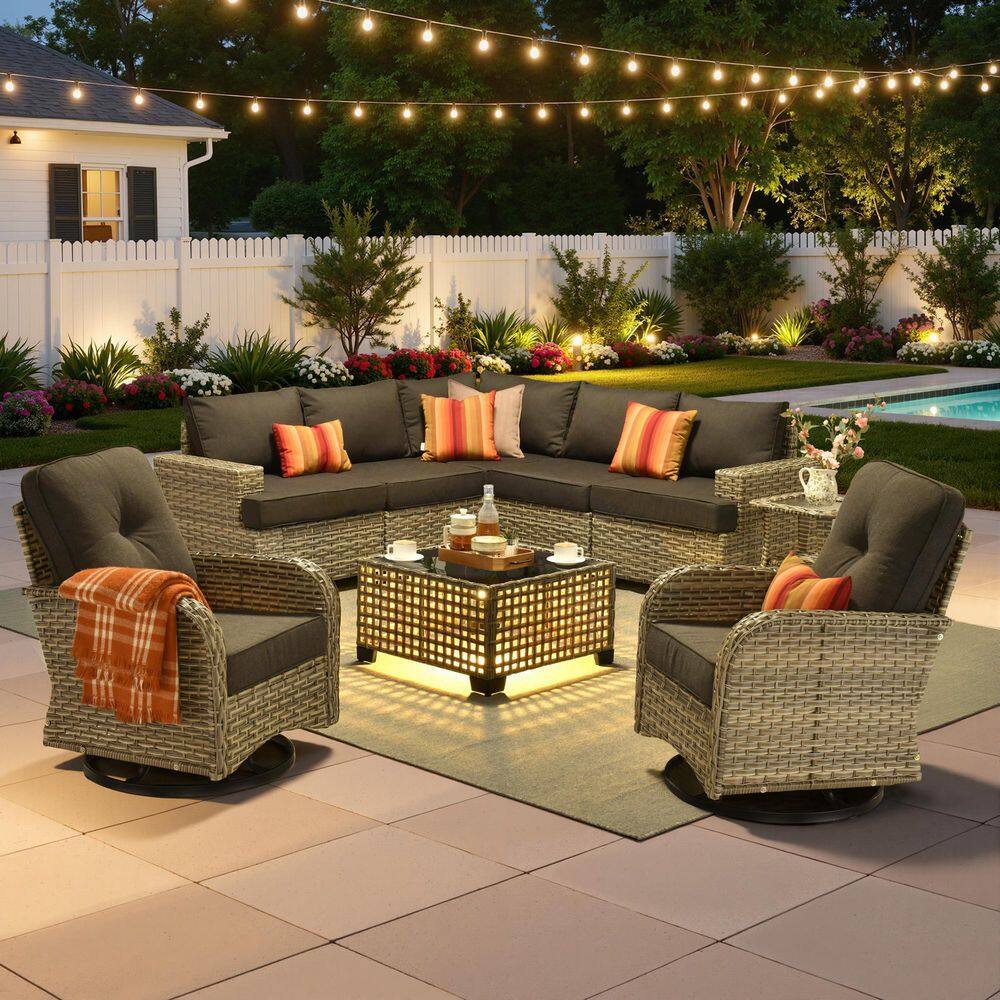 TobestV 9-Piece Wicker Outdoor Patio Sectional Set with Swivel Chairs and Solar Light Table, Black Cushions price history on PriceWatchPro