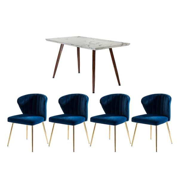 JAYDEN CREATION Olinto Navy 5-Piece Dining Set with Marble Desk