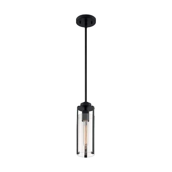 SATCO Marina 60-Watt 1-Light Matte Black Shaded Mini Pendant Light with Clear Glass Shade and No Bulbs Included
