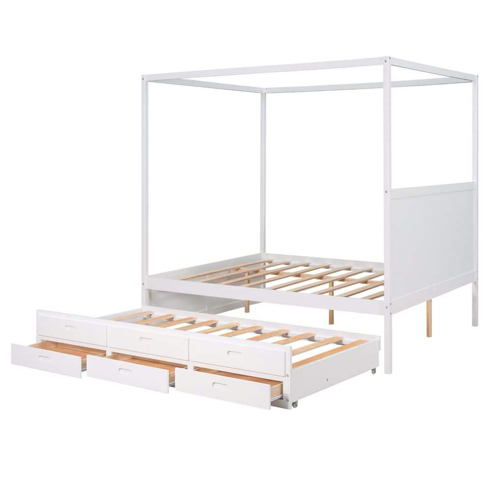 URTR White Wooden Frame Queen Size Canopy Bed Platform Bed with Twin ...