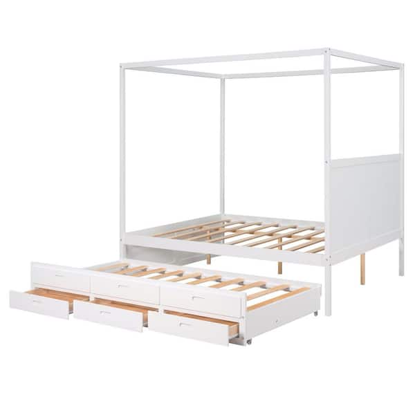 URTR White Wooden Frame Queen Size Canopy Bed Platform Bed with Twin Size Trundle and Three Drawers for Kids, Teens, Adults