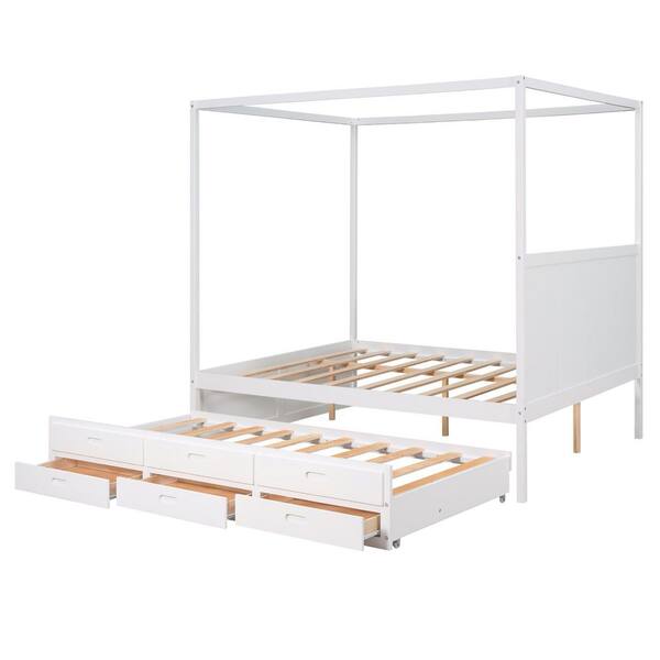 URTR White Wooden Frame Queen Size Canopy Bed Platform Bed with Twin Size Trundle and Three Drawers for Kids, Teens, Adults