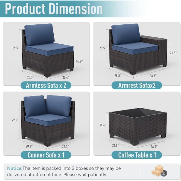7-Piece Wicker Patio Fire Pit Set with 55000 BTU Gas Fire Pit Table, Coffee Table,Glass Wind Guard and Cushion Navy blue