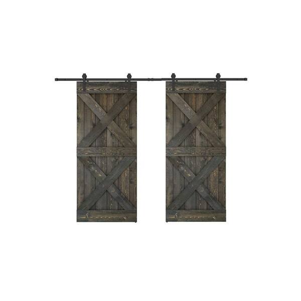 Dessliy Double X Series 60 in. x 84 in. Fully Set Up Ebony Finished Pine Wood Sliding Barn Door with Hardware Kit