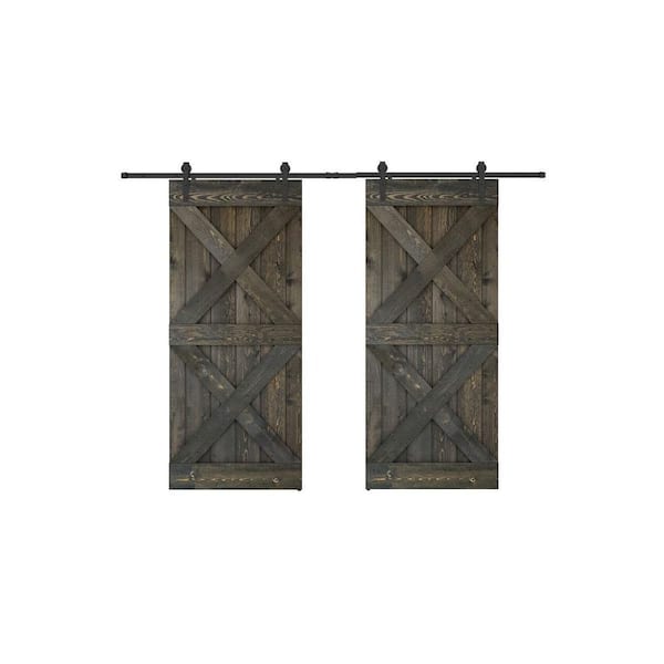Dessliy Double X Series 76 in. x 84 in. Ebony Finished Pine Wood Sliding Barn Door with Hardware Kit