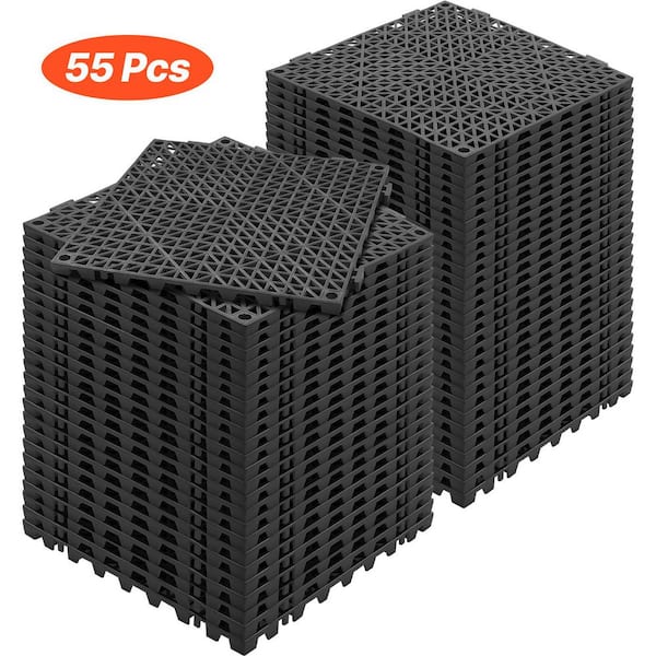 VEVOR Interlocking Drainage Mat Tiles 12 x 12 x 0.6 in. PVC Modular Gym Flooring Tiles Drainage Mat (Black 55 Pcs, 55 sq ft)