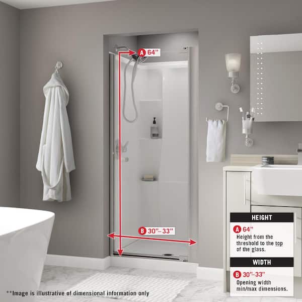 Contemporary 33 in. W x 64-3/4 in. H Semi-Frameless Pivot Shower Door in Chrome with 1/4 in. Tempered Rain Glass