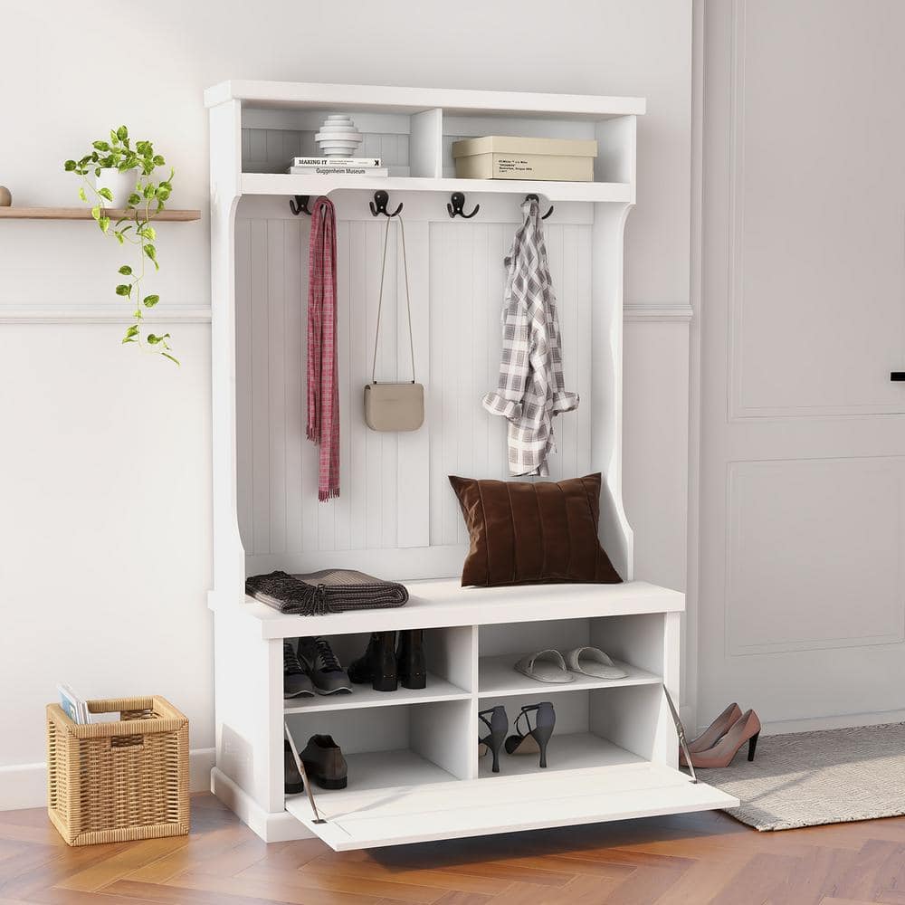 White Wood Hall Tree with Storage Bench and Hooks