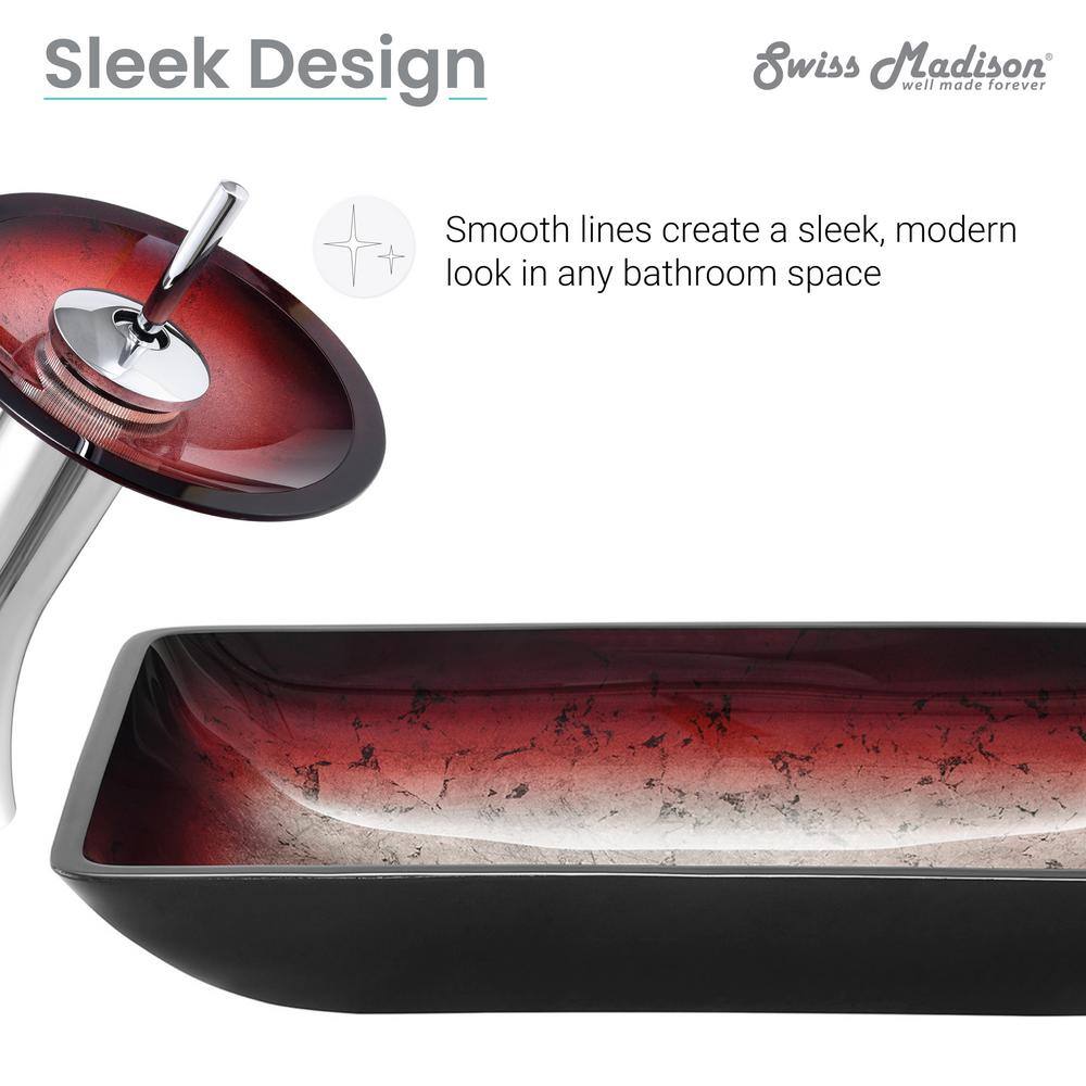Ember Red Rectangular Glass Vessel Sink with Waterfall Faucet