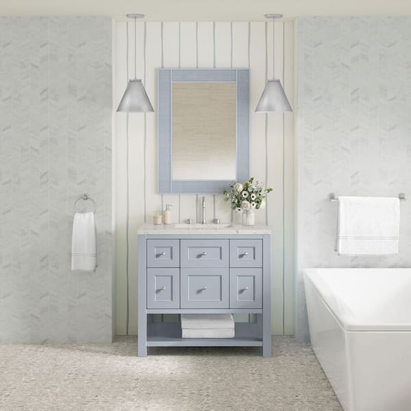 James Martin Vanities Breckenridge 36.0 in. W x 23.5 in. D x 34.25 in. H Single Bath Vanity in Serenity Blue with Quartz Victorian Silver Top