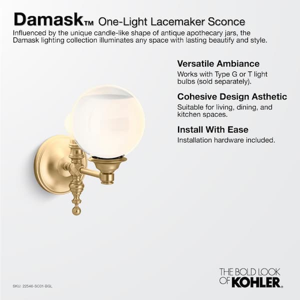 KOHLER Damask 1-Light Modern Brushed Gold Lacemaker Sconce