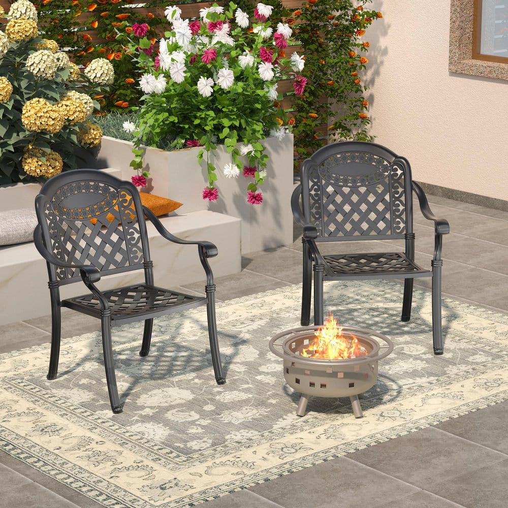 Matte Black Cast Aluminum Outdoor Dining Armchairs with Multicolor Cushions