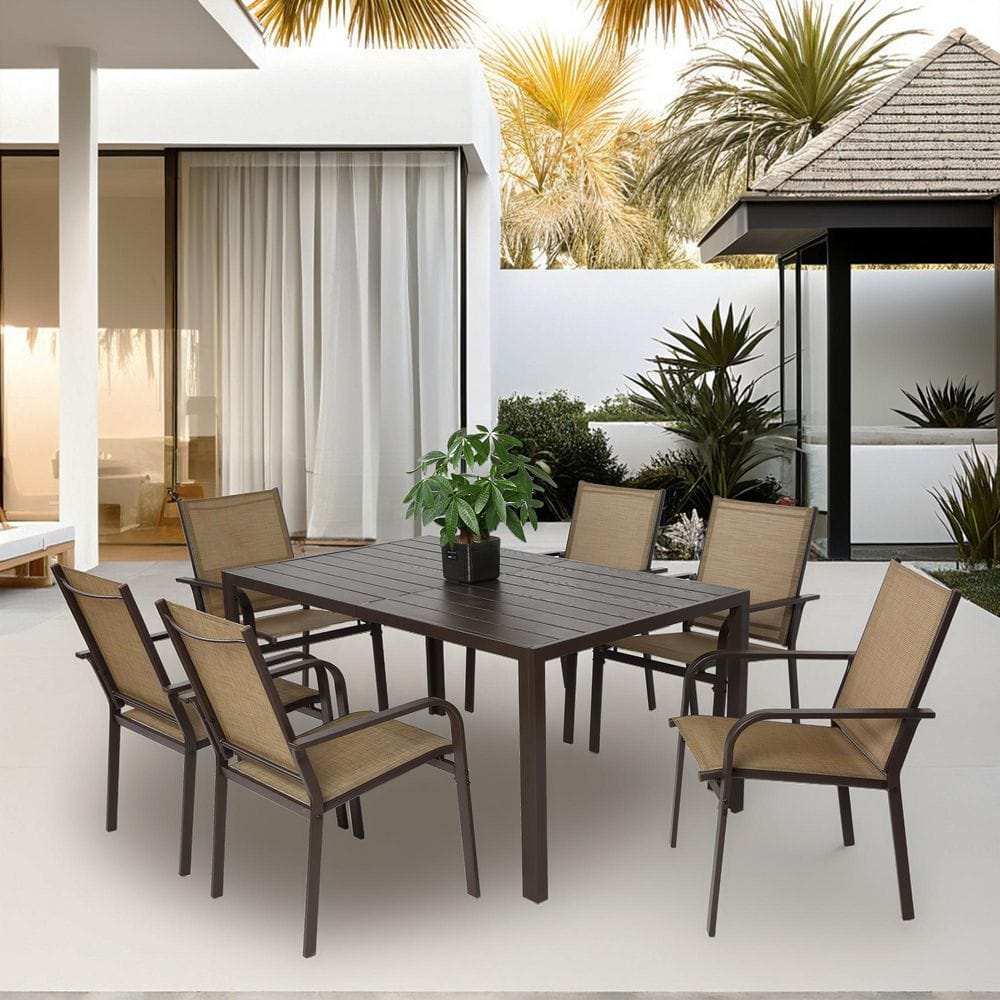 7-Piece Steel and Sling Patio Dining Set with 6 Ergonomic Chairs and Rectan