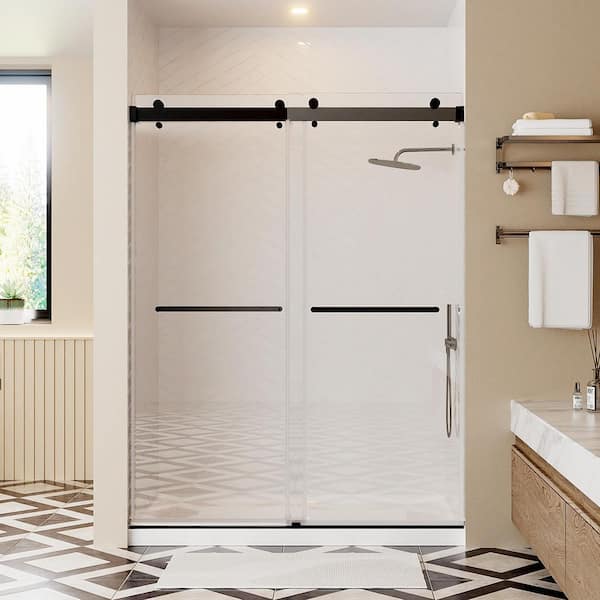 56 in. to 60 in. W x 72 in. H Double Sliding Frameless Shower Door in Matte Black with 3/8 in. (10 mm) Clear Glass