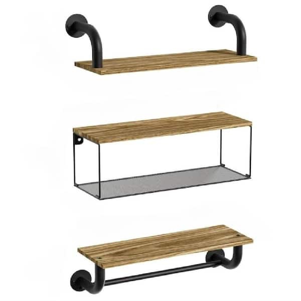 Unbranded 16.9 in. W x 5.9 in. D Shelves Wall Mounted, Industrial Pipe Shelves, Wood Decorative Wall Shelf Brown (Set of 3)