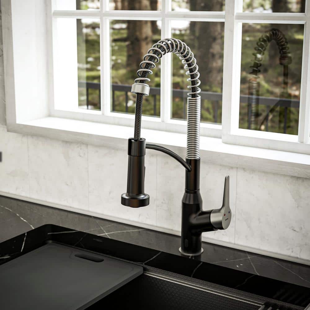 Matte Black and Stainless Steel Pull-Down Kitchen Faucet with Spray