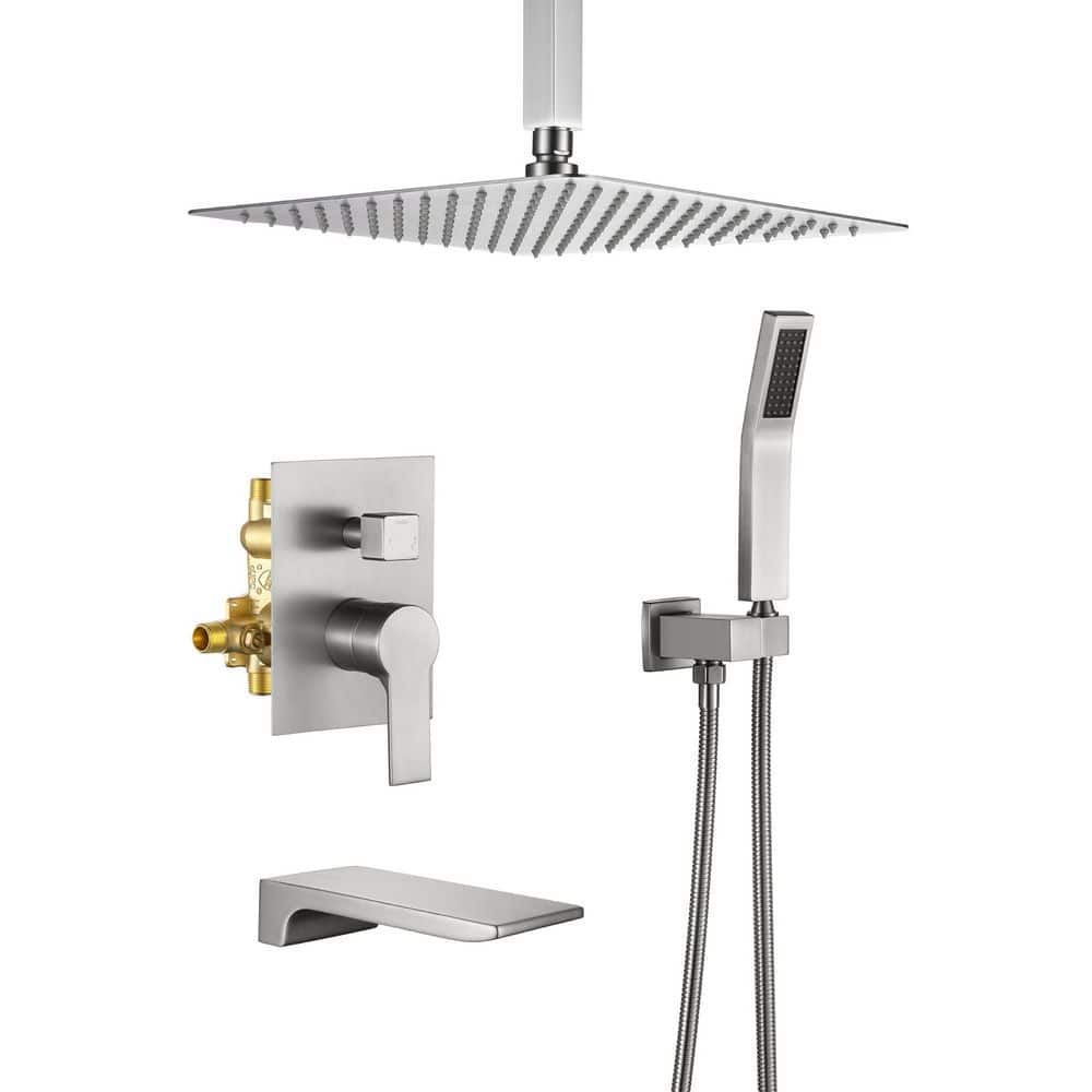 Boyel Living 1-Spray with 4 in. Waterfall Tub Spout Spray 12 in. Ceiling Mount Fixed and Handheld Shower Head 2.5 GPM, Brushed Nickel