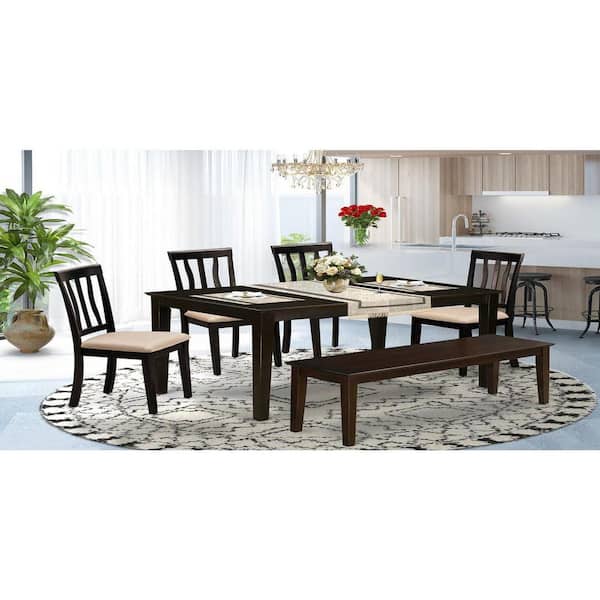 East West Furniture 6-Piece Rectangle Cappuccino Finish Solid Wood Top Dining Table with 1 Bench, 4 Chairs with Lattice Back