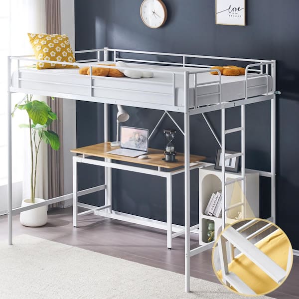 White Loft Bed Full Size with Flat Rungs for Adults, Kids and Young Teens, No Box Spring Required