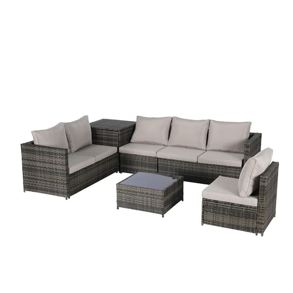 6-Piece Wicker Patio L-Shaped Sectional Tempered Glass Table and Light Gray Cushions, Weather Resistant