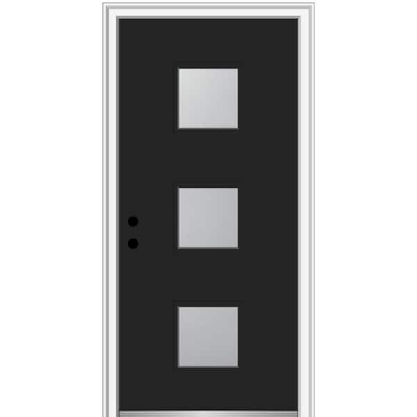 MMI DOOR 36 in. x 80 in. Aveline Right-Hand Inswing 3-Lite Frosted Painted Fiberglass Smooth Prehung Front Door 4-9/16 in. Frame