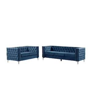 Modern 2-Piece of Loveseat and Sofa Couch Set with Dutch Velvet Top Iron Legs in Blue