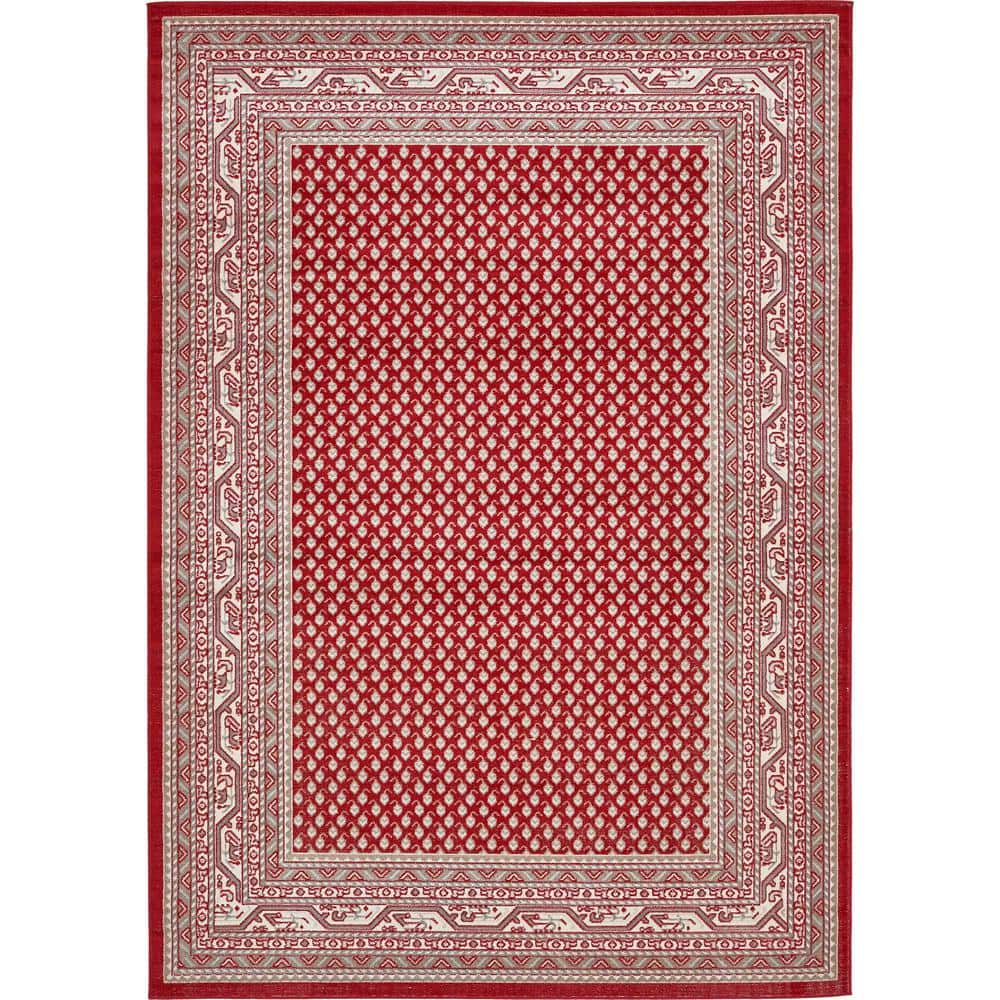 Red and Ivory Rectangular Synthetic Woven Area Rug