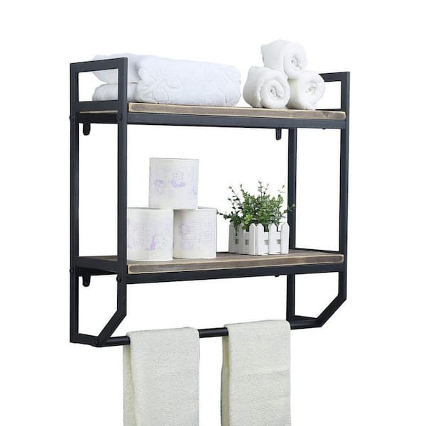 Dracelo 23.6 in. W x 7.87 in. D x 22.8 in. H Black Bathroom Wall Mounted Floating Shelves with Towel Bar