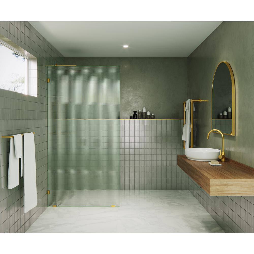 78 in. Frameless Fluted Glass Shower Panel with Satin Brass Hardware